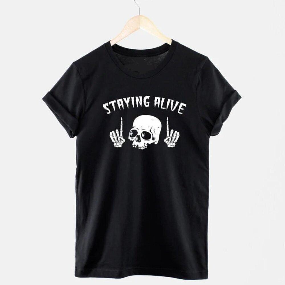 Staying Alive Skull Halloween Retro Disco Horror Mashup T-Shirt